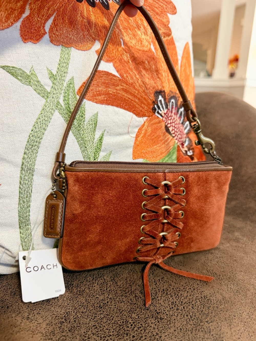 VINTAGE COACH WRISTLET LACED CORSET BRASS CHARM TASSEL RARE Y2K RUST SUEDE NWT - Picture 5 of 16